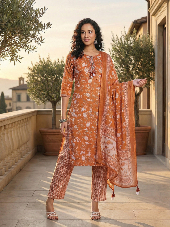 Printed Cotton Blend Kurta With Pant &amp; Dupatta