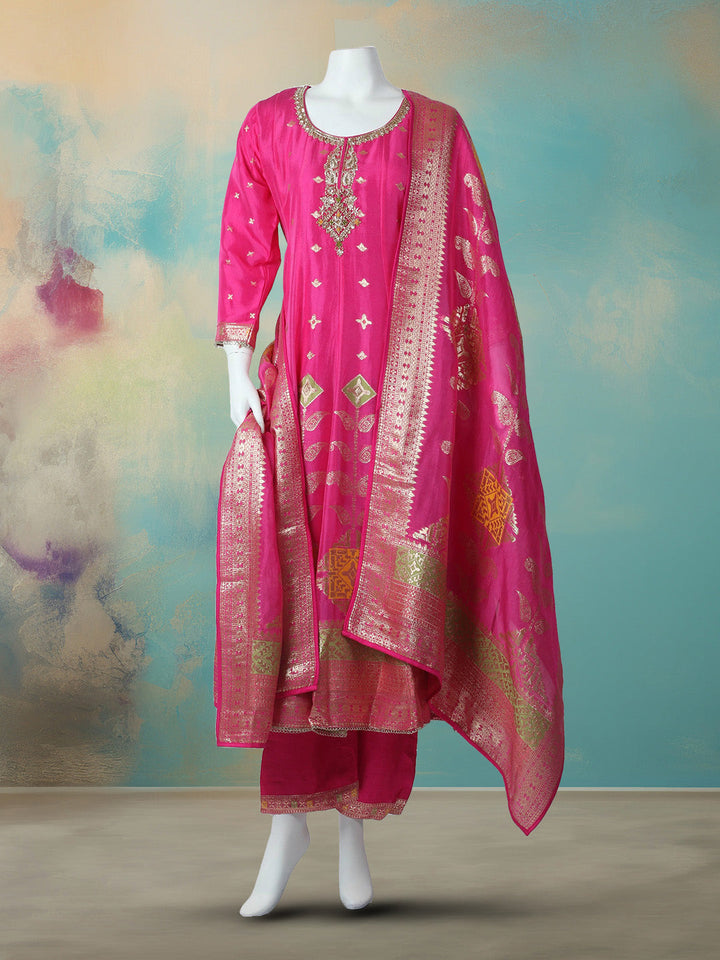 Embroidered Art Silk Stitched Kurta With Pant &amp; Dupatta