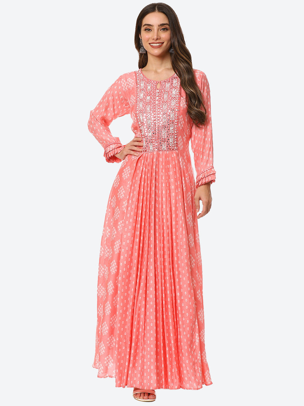 Mirror Neck Embroidered Printed Muslin Anarkali Kurta
