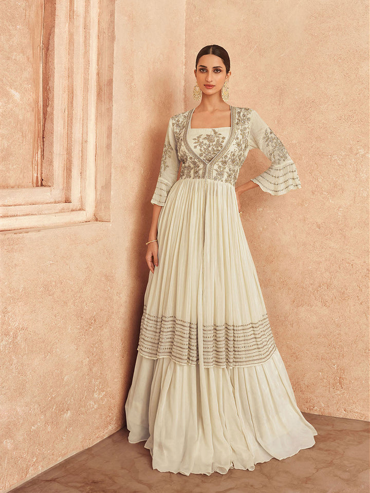Zari Stone Embroidered Chinon Square Neck Kurta Cotton And Skirt