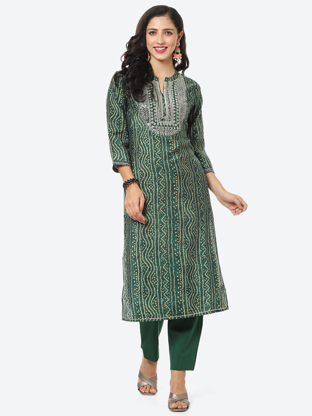 Zari Embroidered Bandhej Printed Muslin Kurti With Pant
