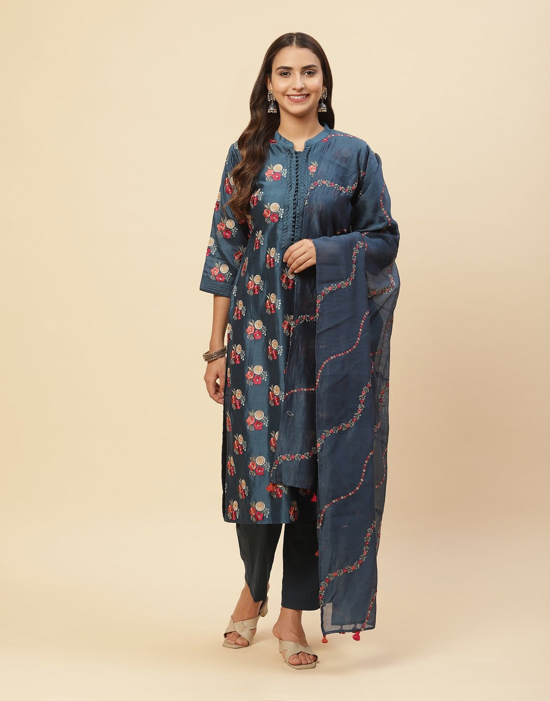Resham Booti Embroidered Cotton Chanderi Stitched Salwar Kameez With Chanderi Dupatta