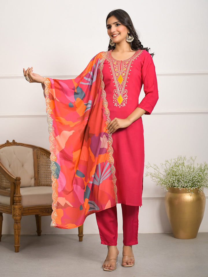 Neck Embroidered Muslin Kurta With Pants &amp; Dupatta