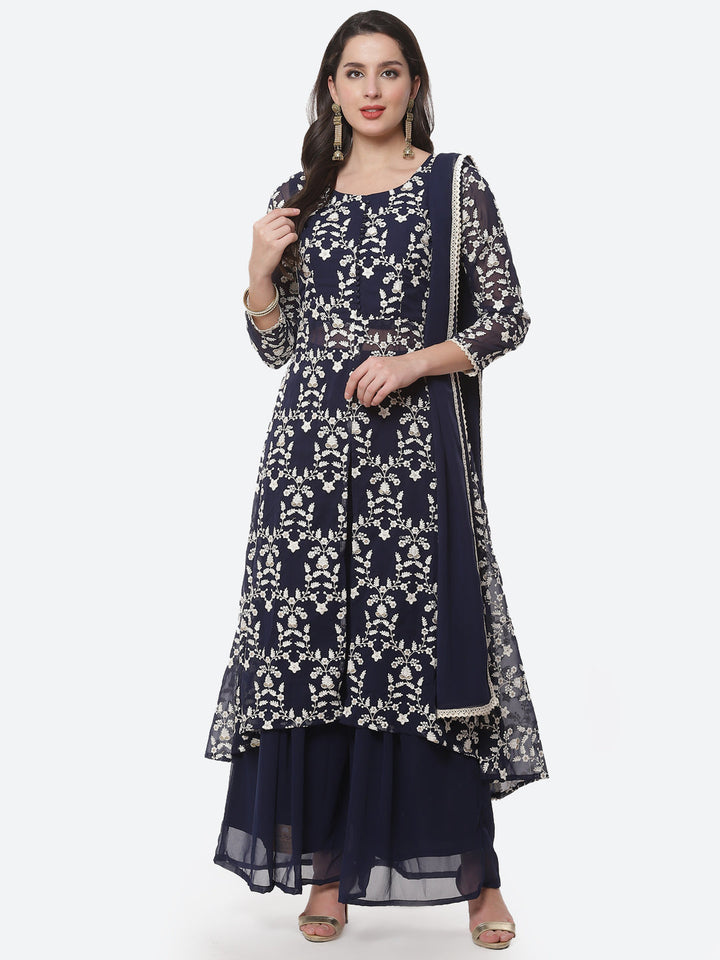 Resham Jaal Embroidered Georgette Kurta With Palazzo &amp; Dupatta