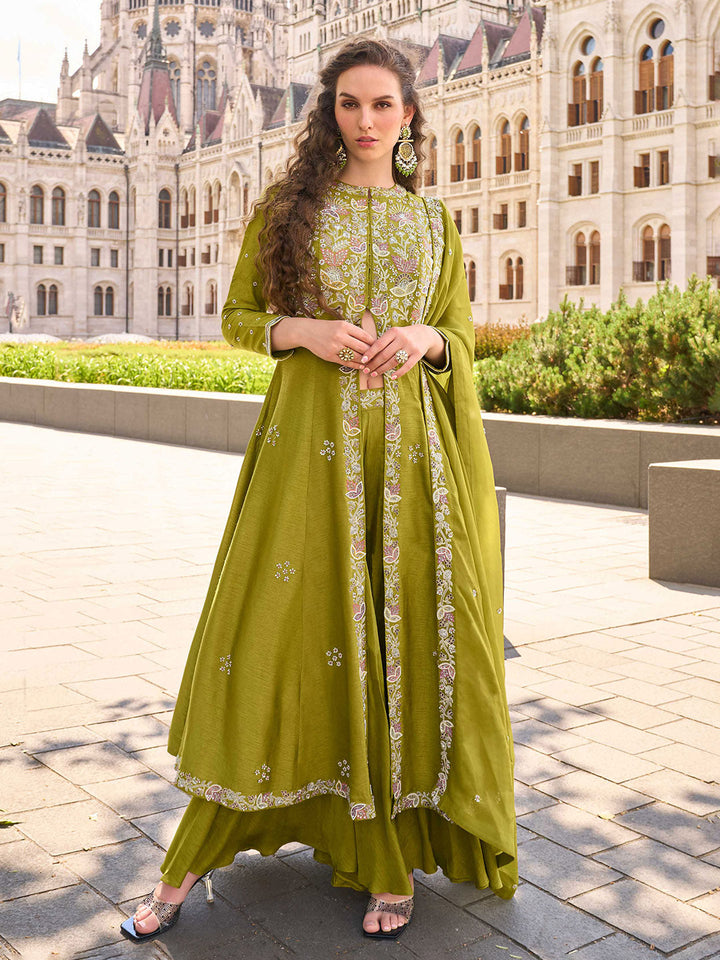 Embroidered Art Silk Suit With Gharara &amp; Dupatta
