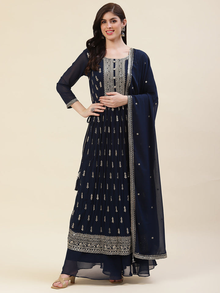 Resham Sequin Booti Georgette Kurta With Palazzo &amp; Dupatta