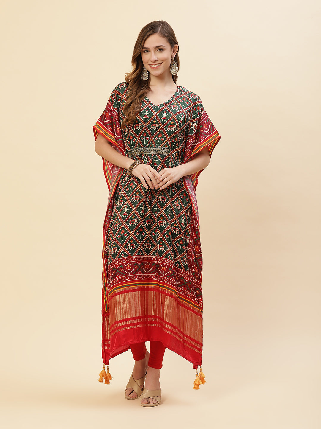Printed Satin Green Colored Kaftan