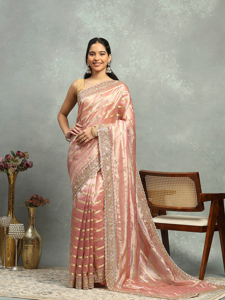 Pearl &amp; Sequin Embroidered Tissue Saree