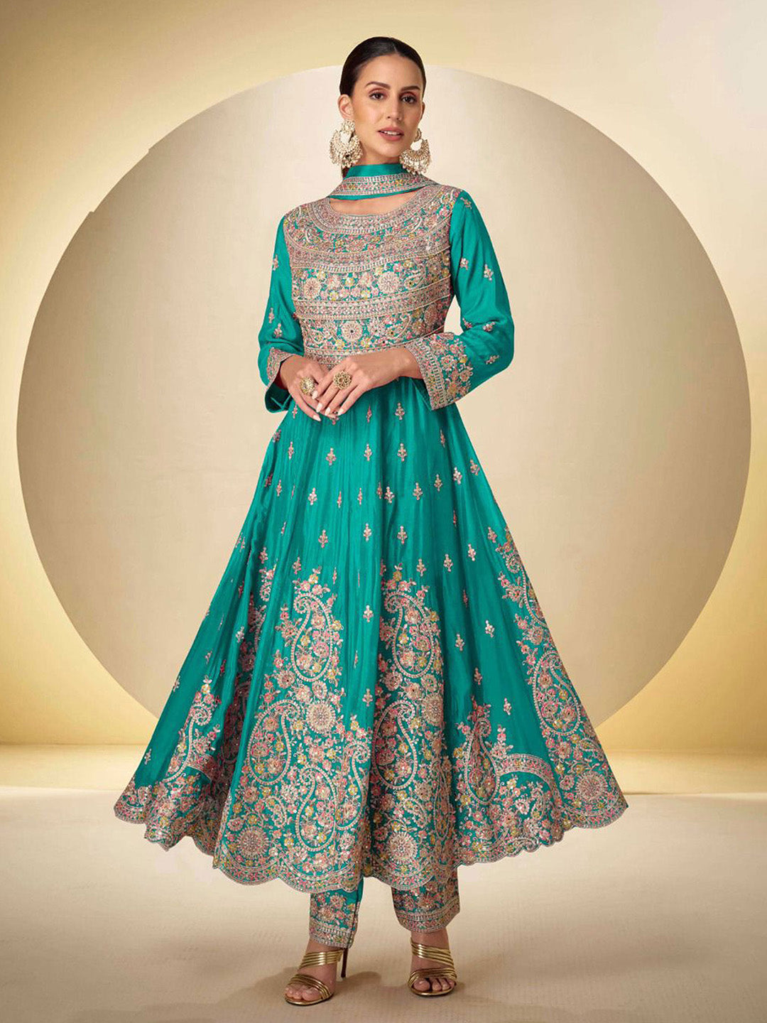 Embroidered Chinnon Suit With Pant &amp; Dupatta