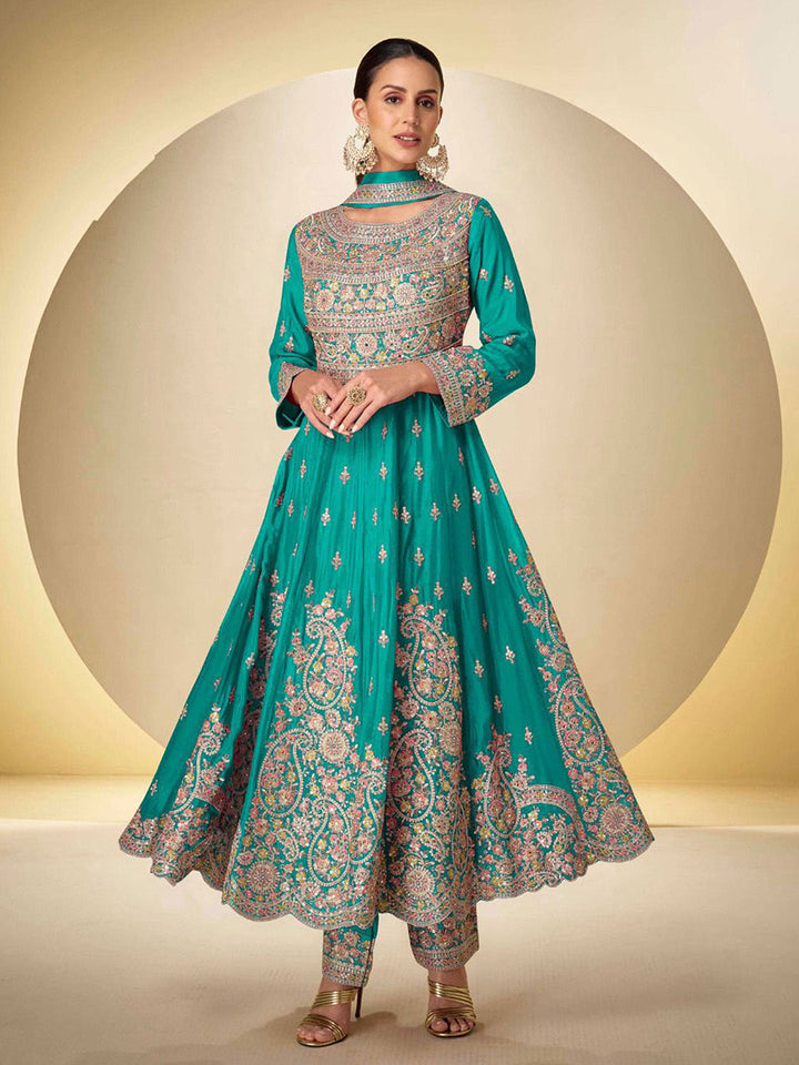 Embroidered Chinnon Suit With Pant &amp; Dupatta