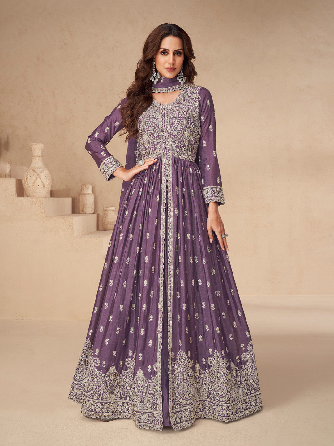 Embroidered Chinon Silk Gown With Plazzo &amp; Dupatta