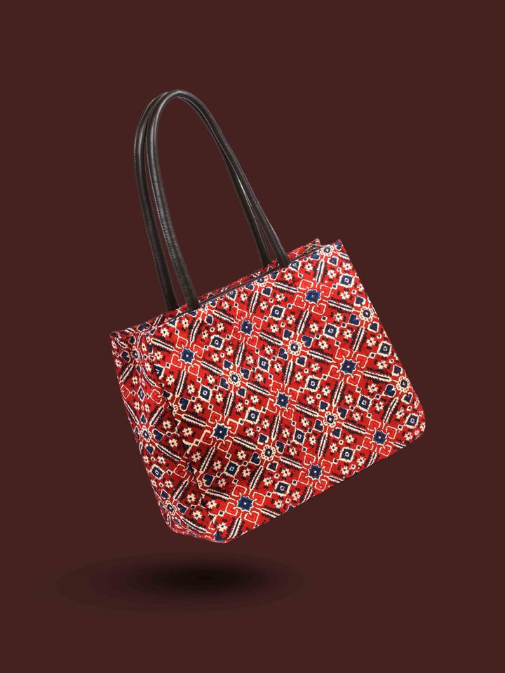 Maroon &amp; Navy Blue Printed Cotton Handbag With Pouch