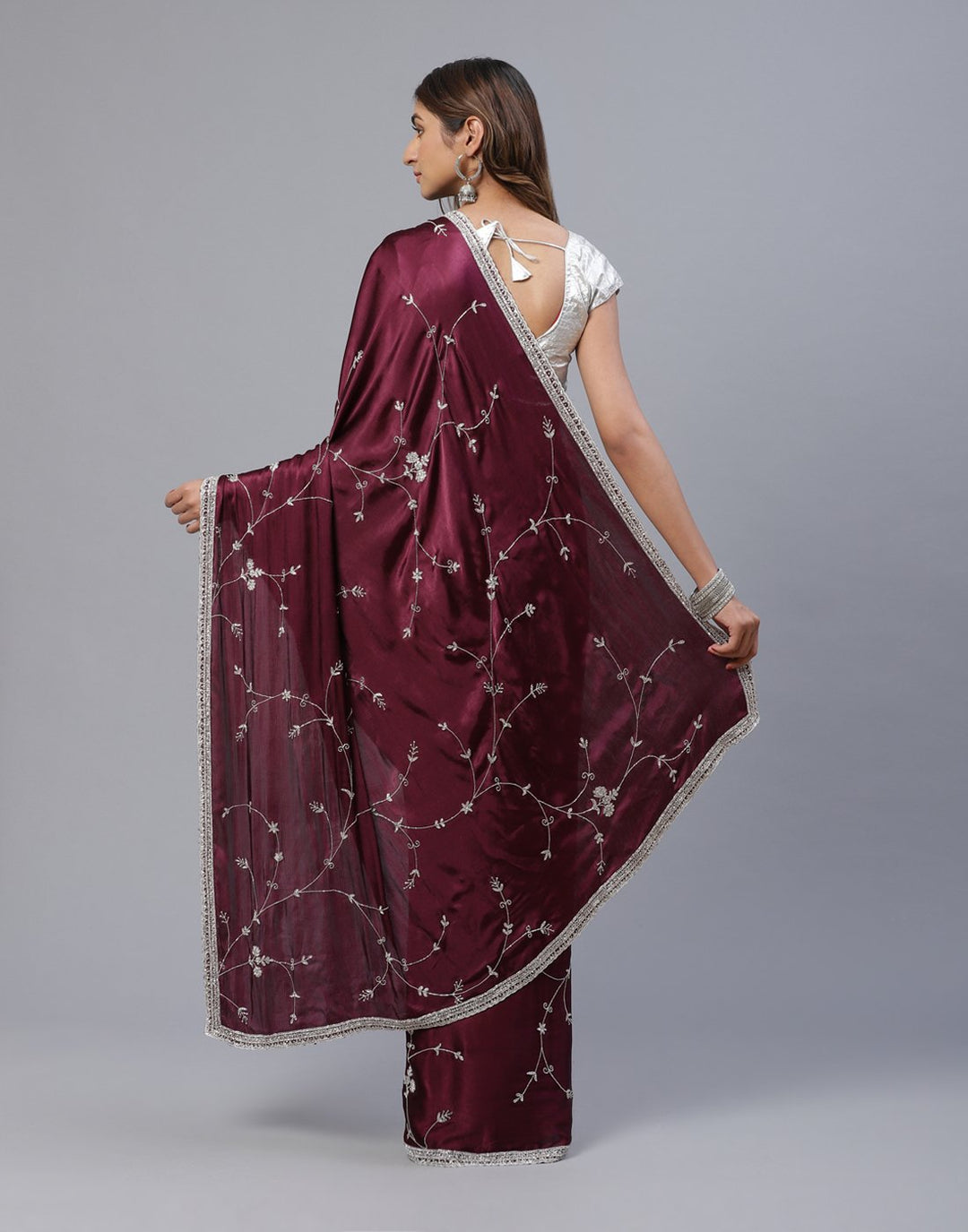 Embroidered Satin Saree With Stone Work