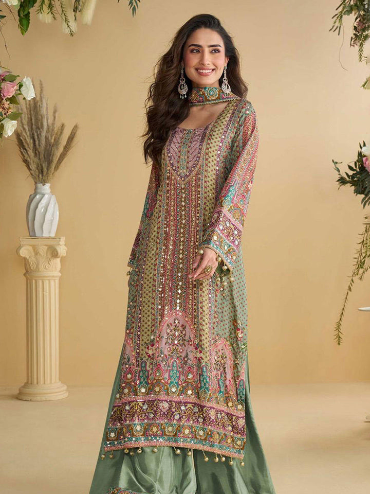 Embroidered Crepe Kurta With Sharara &amp; Dupatta