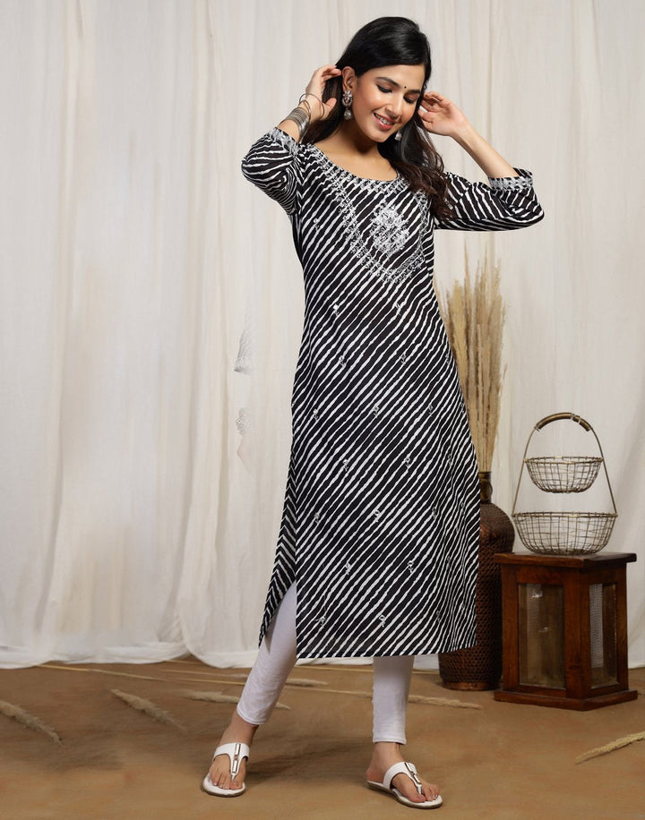 Leheriya Print Cotton Kurti With Yoke Embroidery