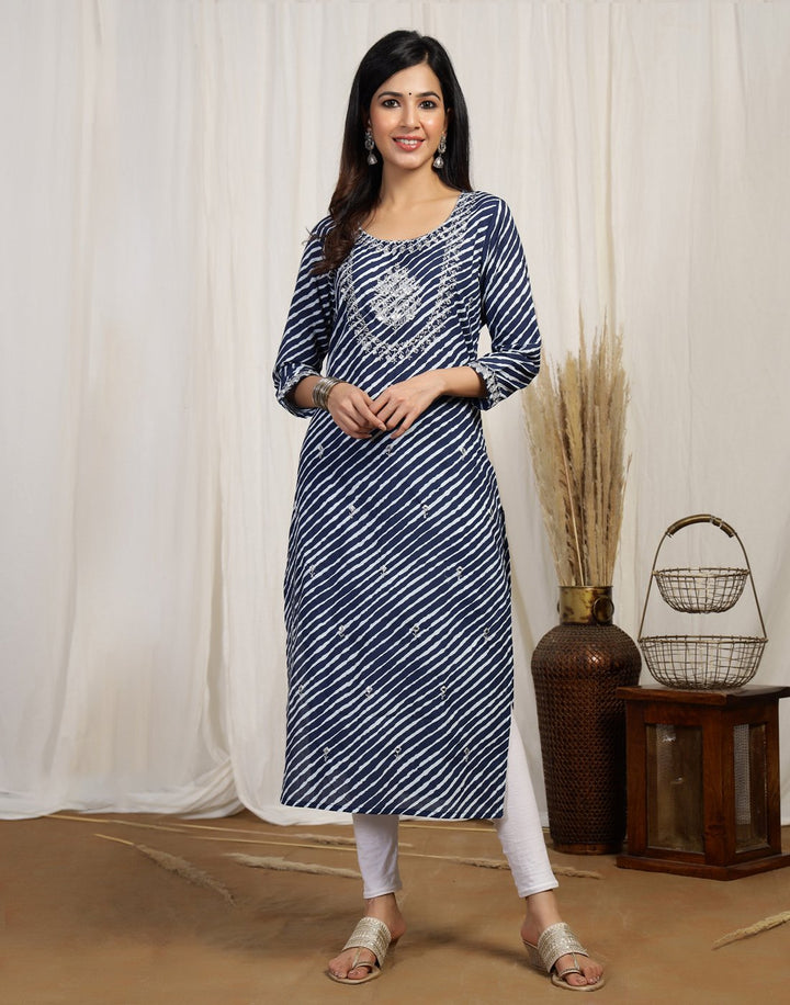 Leheriya Print Cotton Kurti With Yoke Embroidery