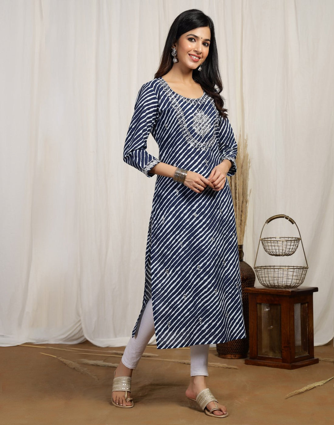 Leheriya Print Cotton Kurti With Yoke Embroidery