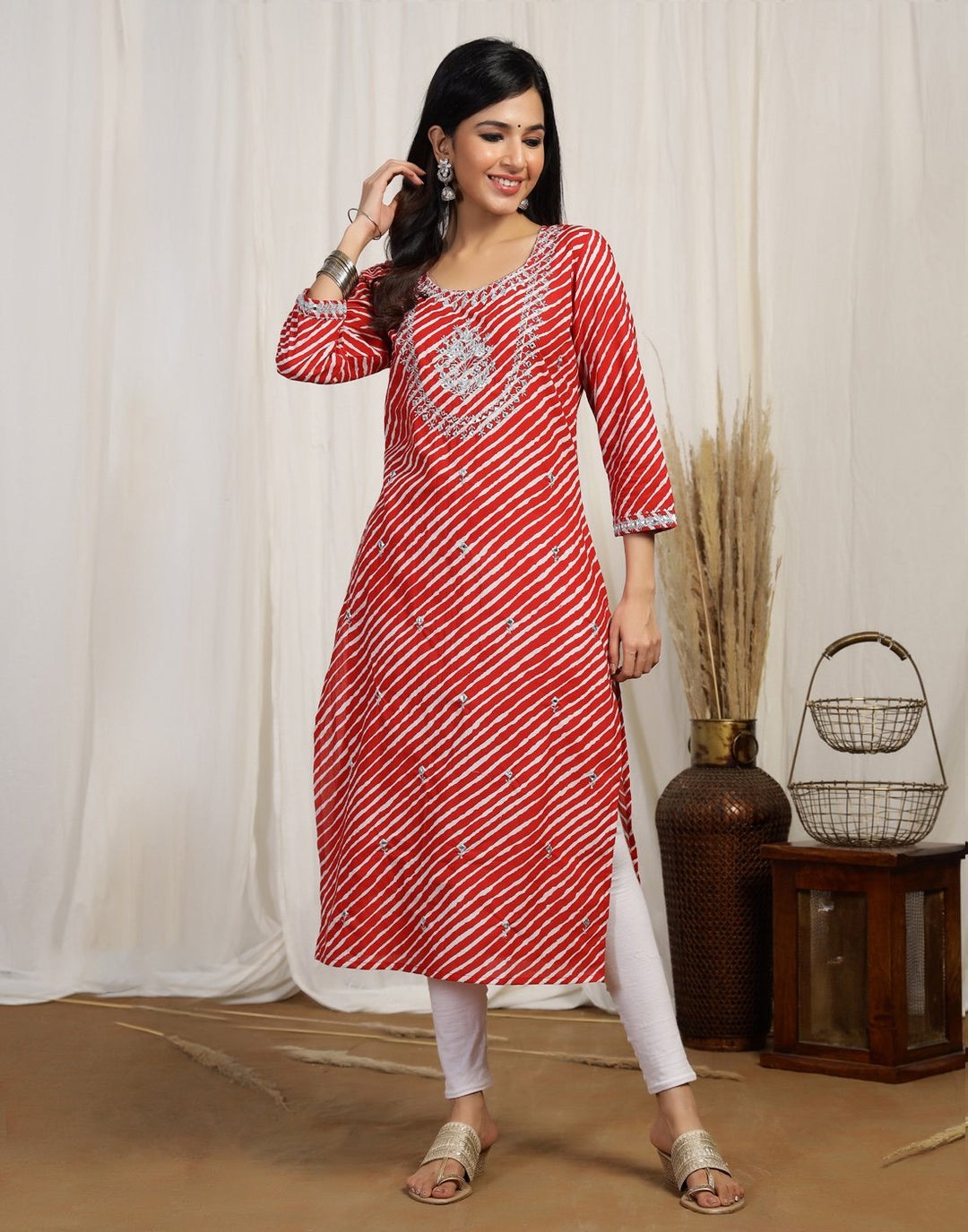 Leheriya Print Cotton Kurti With Yoke Embroidery