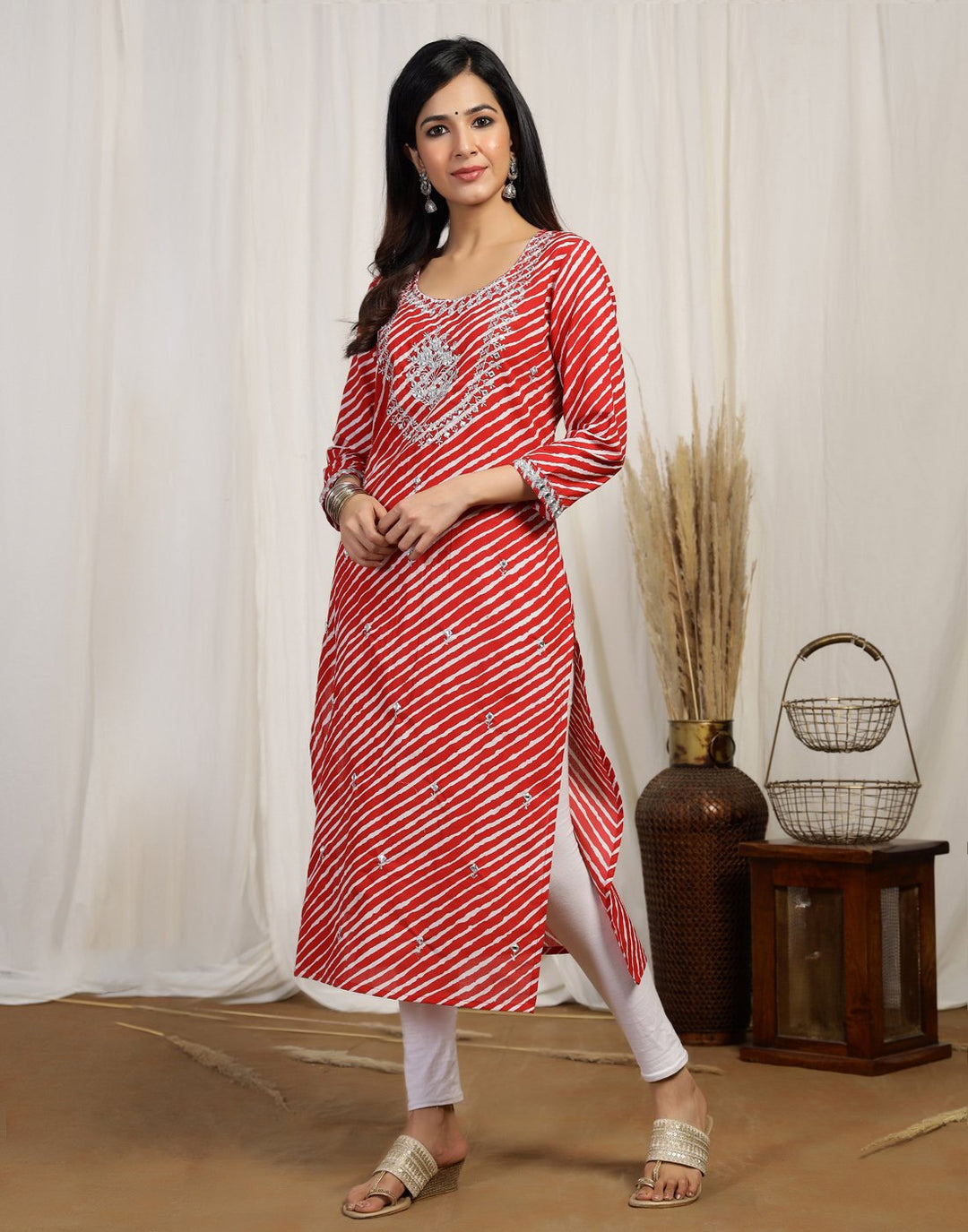 Leheriya Print Cotton Kurti With Yoke Embroidery