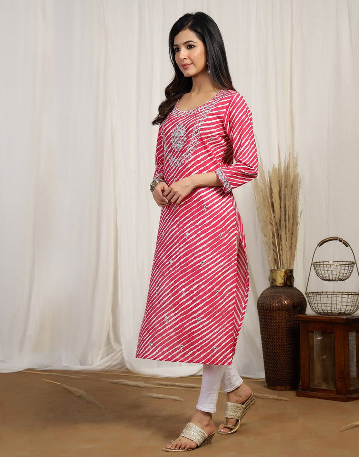 Leheriya Print Cotton Kurti With Yoke Embroidery