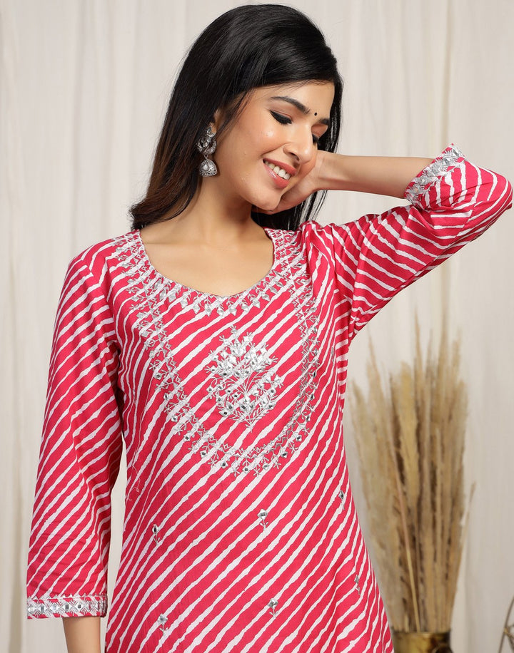 Leheriya Print Cotton Kurti With Yoke Embroidery