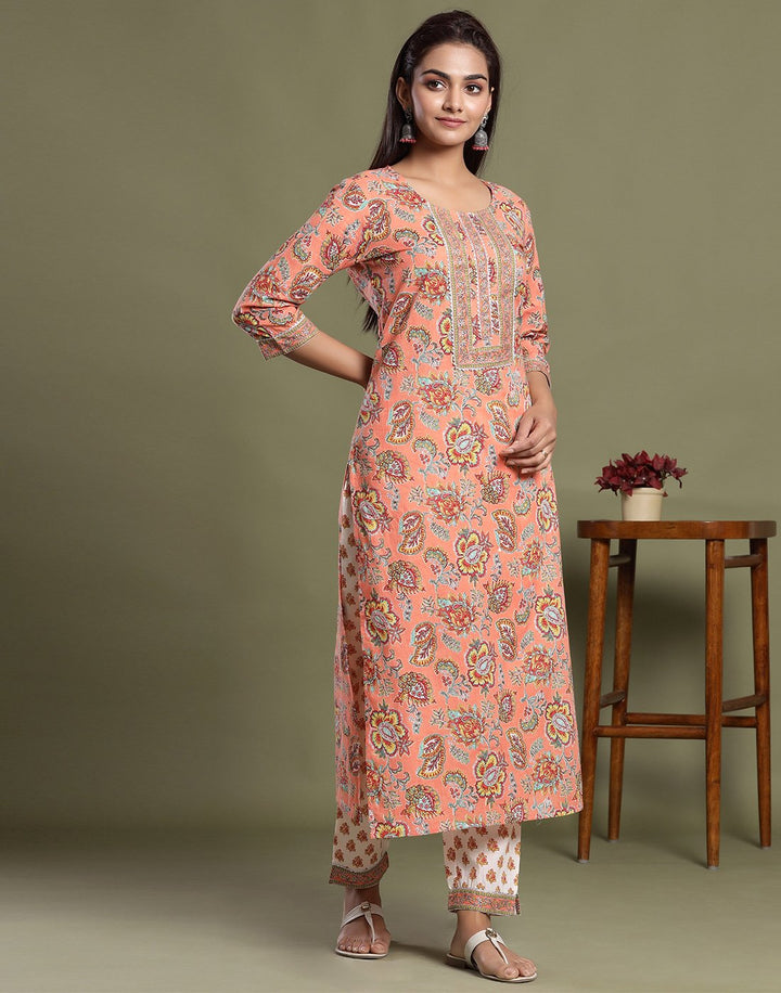Floral Print Cotton Kurti Pant Set