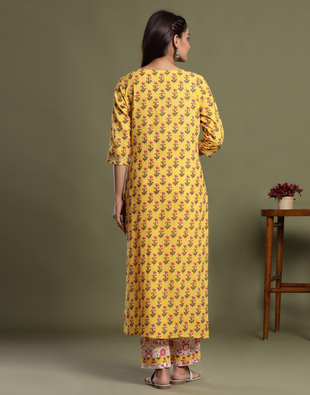 Yellow Cotton Printed Kurti Pant Set