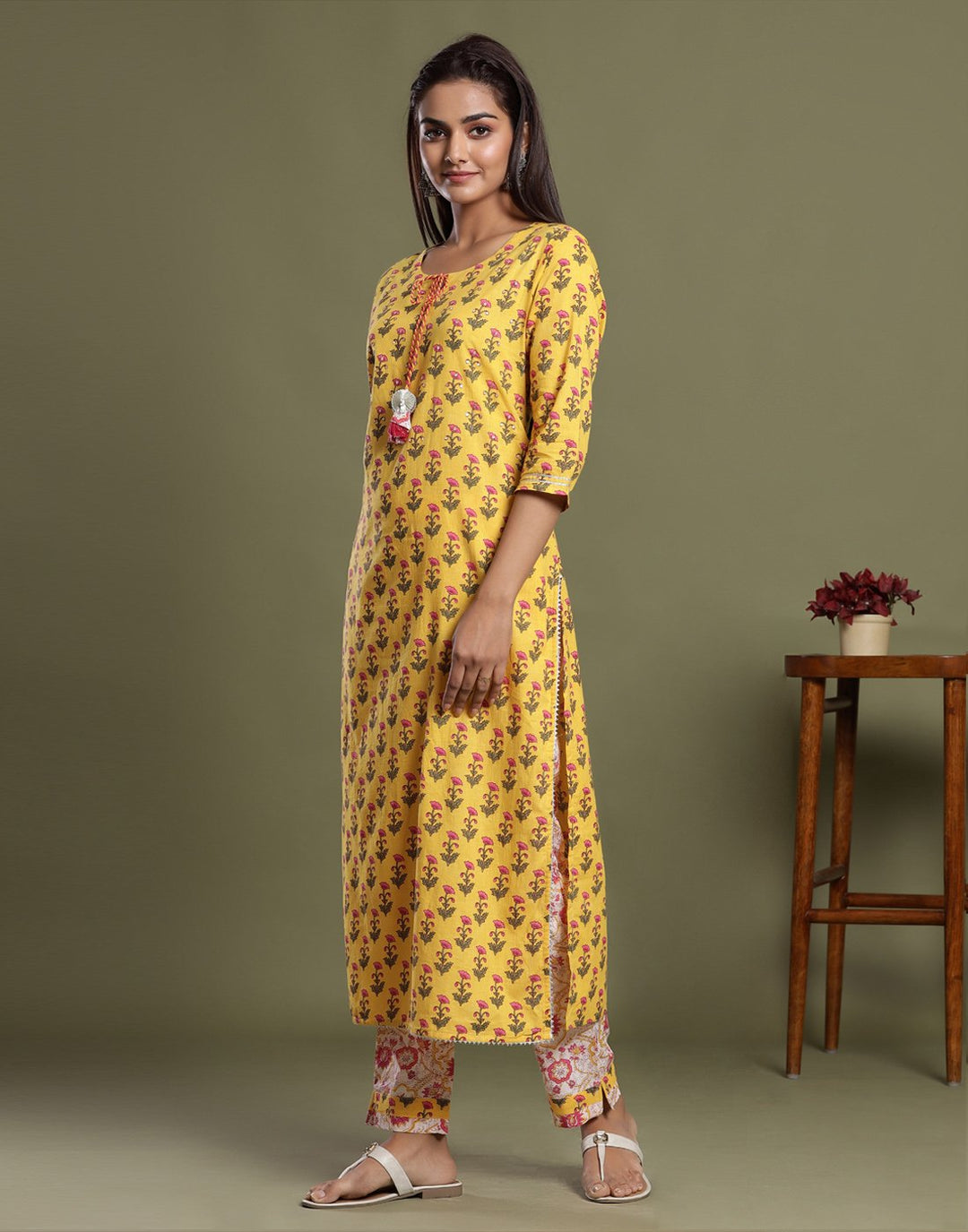 Yellow Cotton Printed Kurti Pant Set