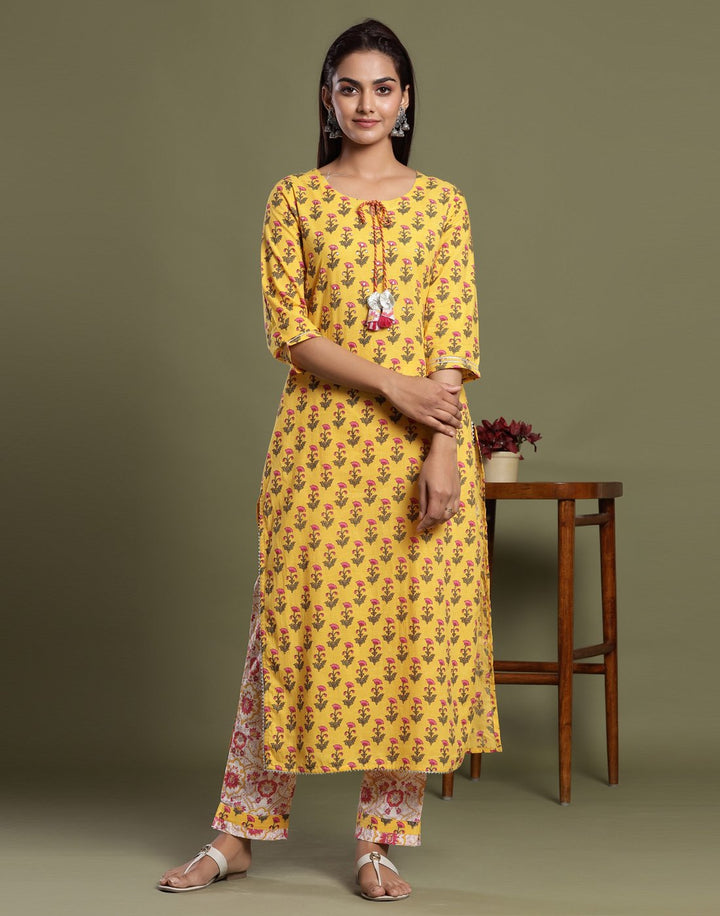 Yellow Cotton Printed Kurti Pant Set