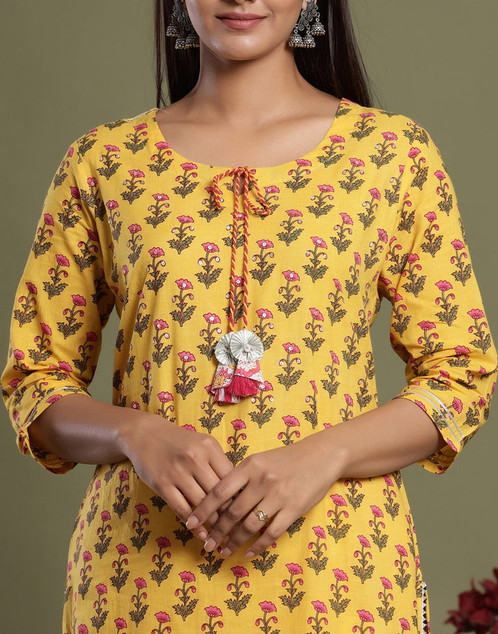 Yellow Cotton Printed Kurti Pant Set