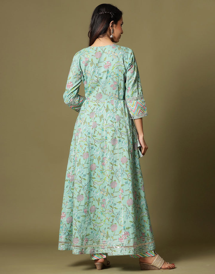 Cotton Printed Anarkali Kurti Pant Set with Yoke Detail