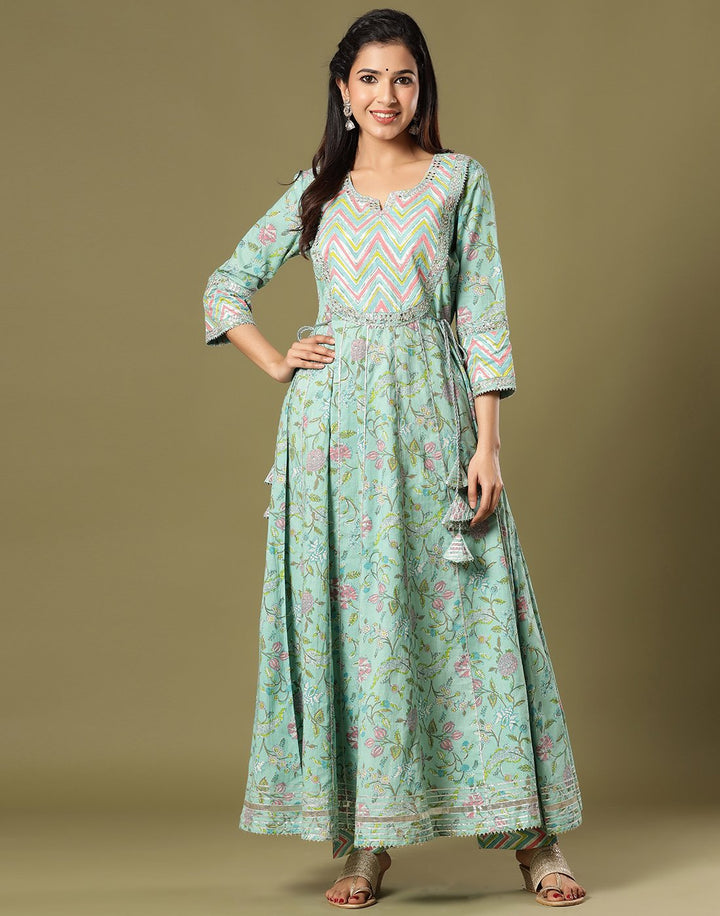 Cotton Printed Anarkali Kurti Pant Set with Yoke Detail