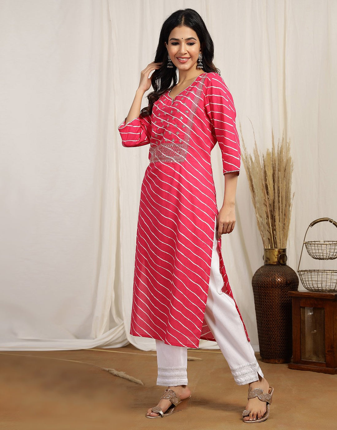 Printed Cotton Kurti And Pant With Embroidered Yoke Detail