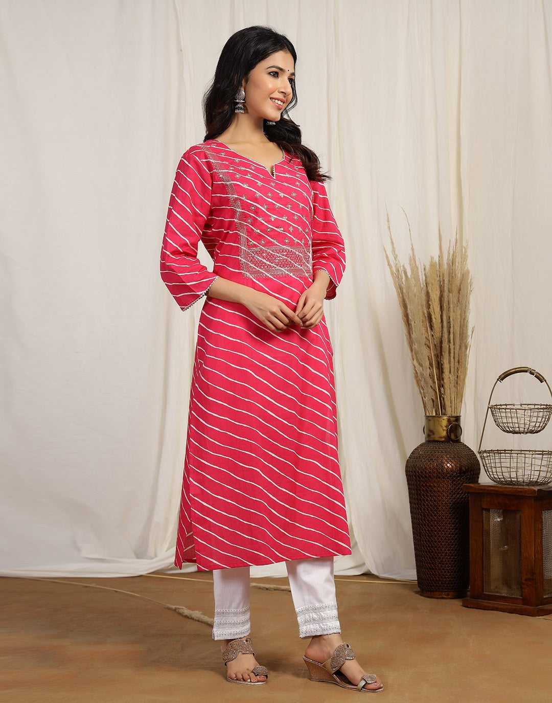 Printed Cotton Kurti And Pant With Embroidered Yoke Detail