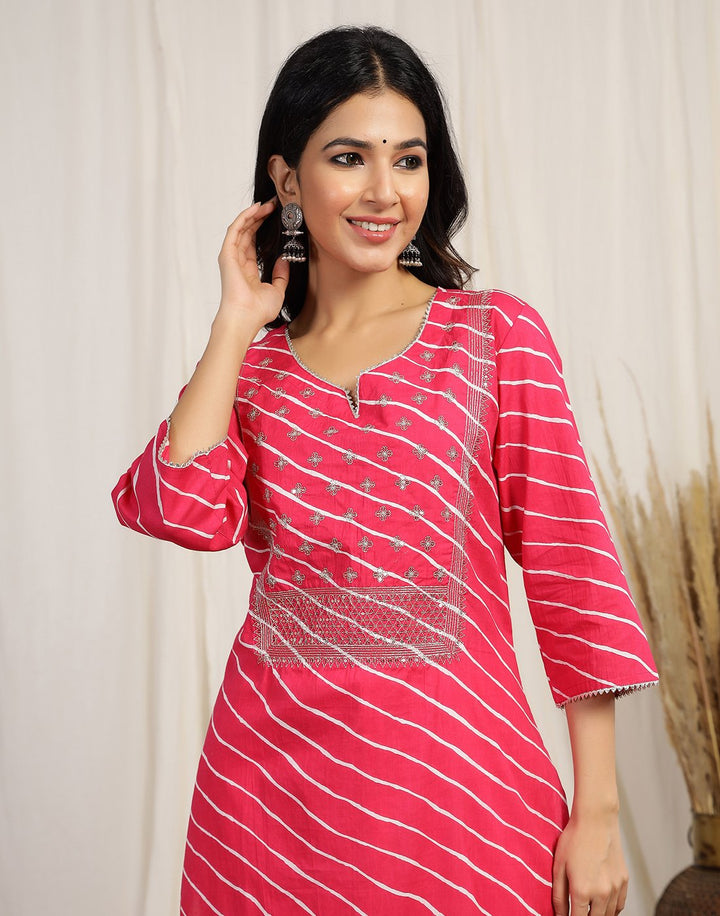 Printed Cotton Kurti And Pant With Embroidered Yoke Detail