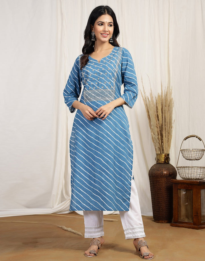 Printed Cotton Kurti And Pant With Embroidered Yoke Detail