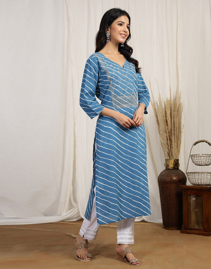 Printed Cotton Kurti And Pant With Embroidered Yoke Detail