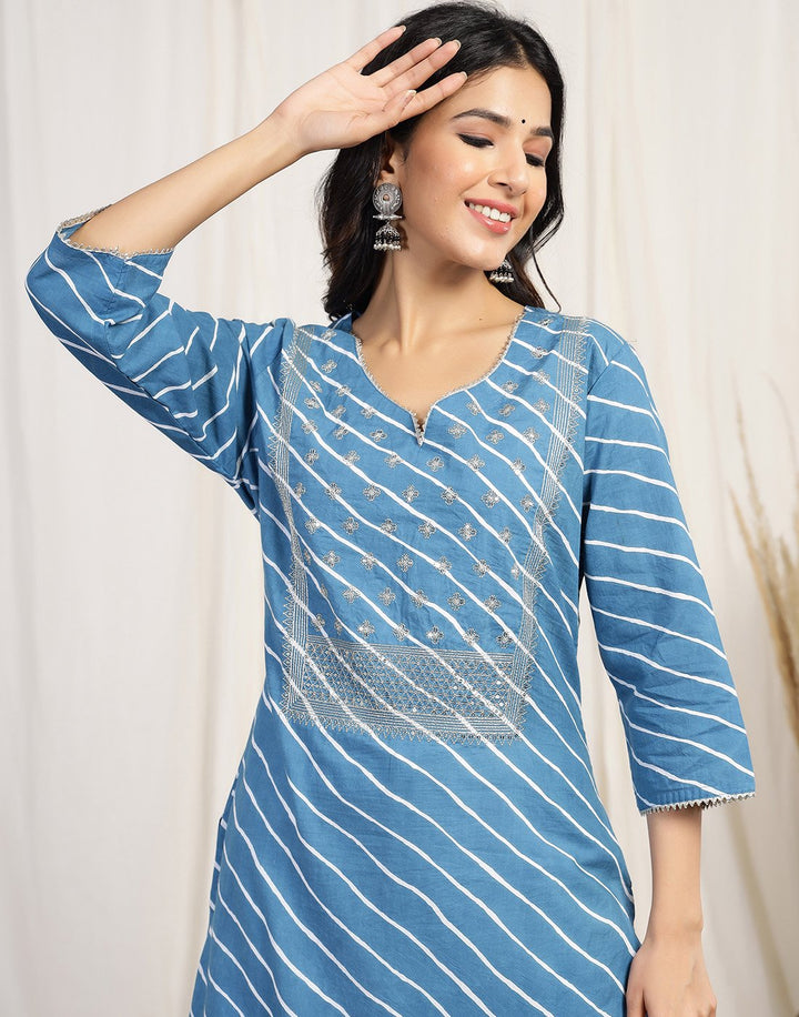 Printed Cotton Kurti And Pant With Embroidered Yoke Detail