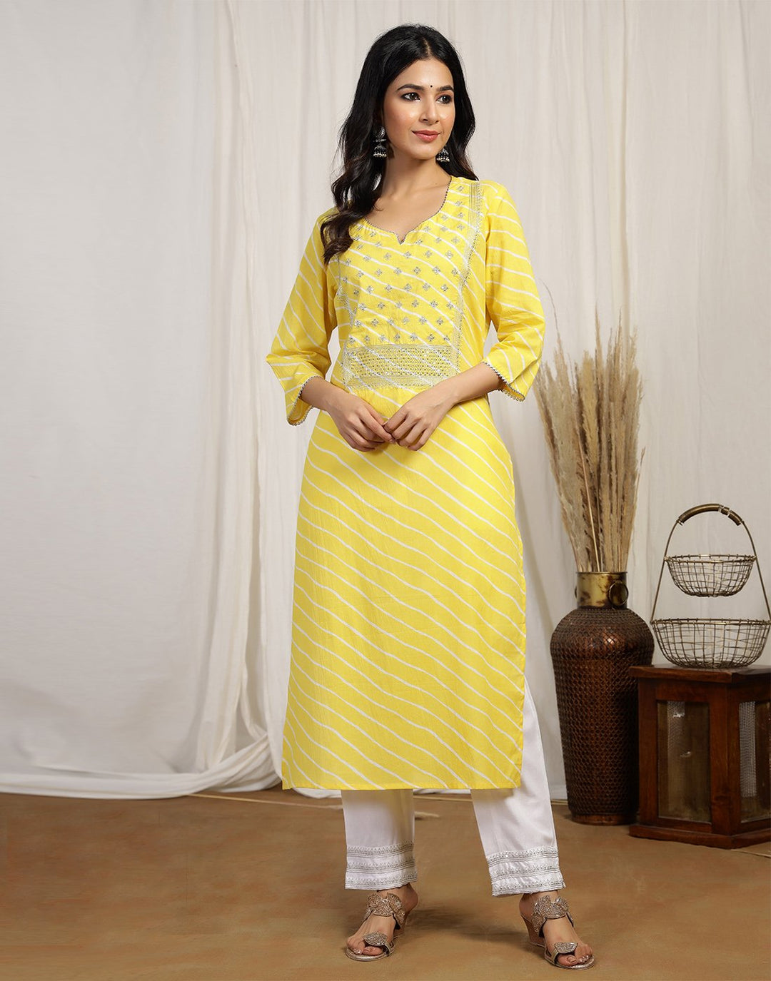 Printed Cotton Kurti And Pant With Embroidered Yoke Detail