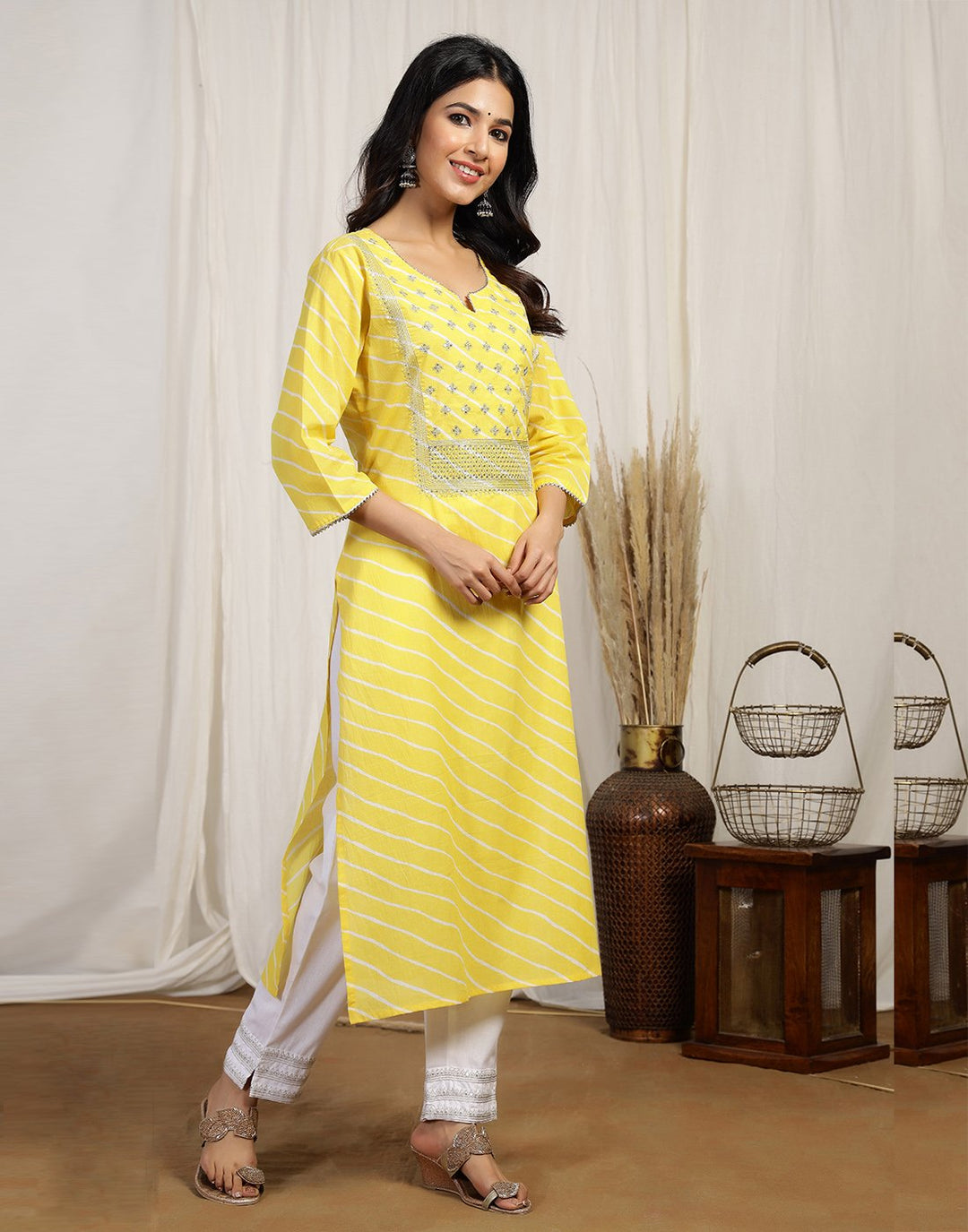 Printed Cotton Kurti And Pant With Embroidered Yoke Detail