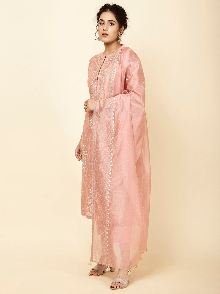Embroidered Chanderi Kurta With Pants &amp; Dupatta