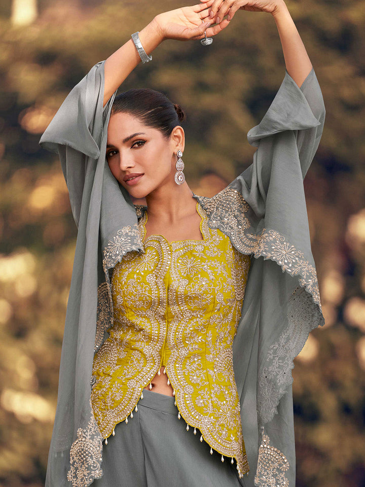 Embroidered Chinon Choli &amp; Plazzo With Shrug
