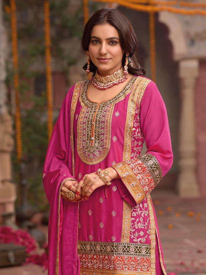 Embroidered Chinnon Silk Kurti With Gharara &amp; Dupatta