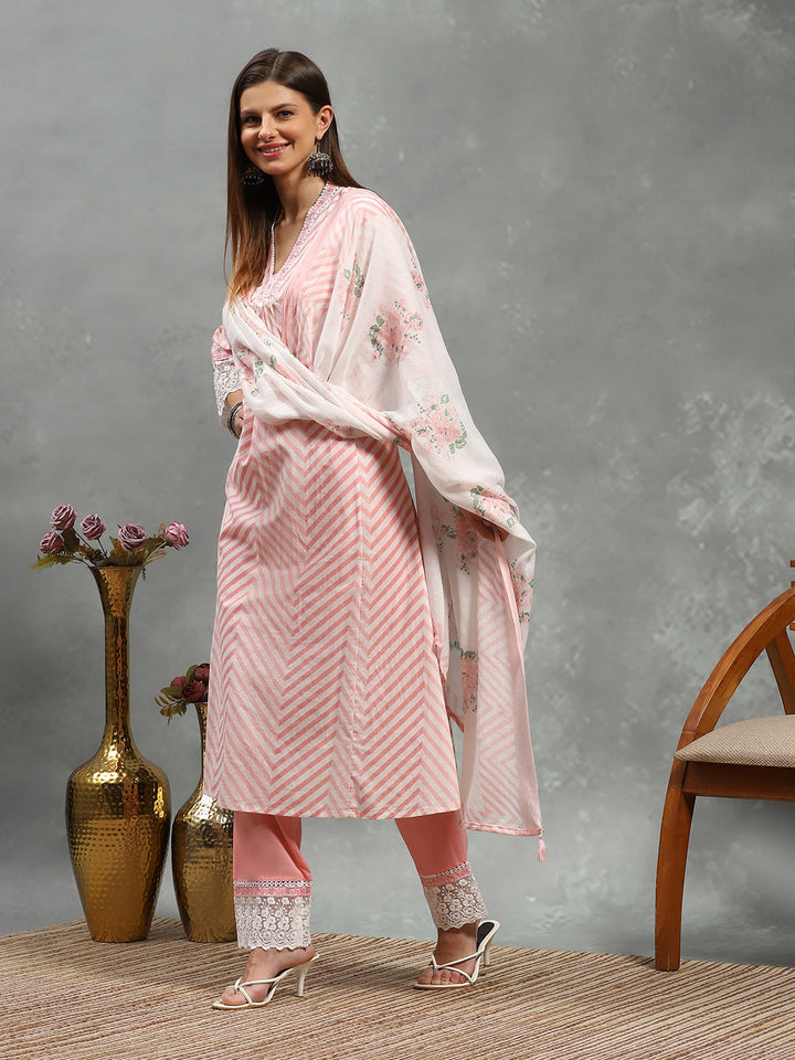 Printed Cotton Blend Kurta With Pants &amp; Dupatta