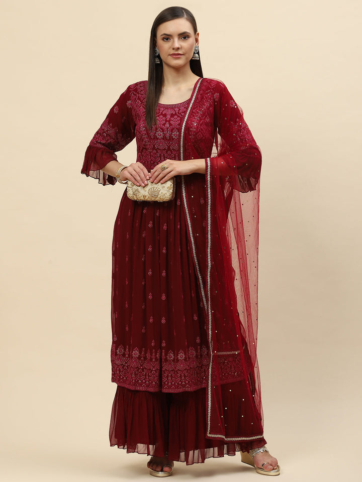 Resham Sequin Embroidered Georgette Kurta With Palazzo &amp; Dupatta
