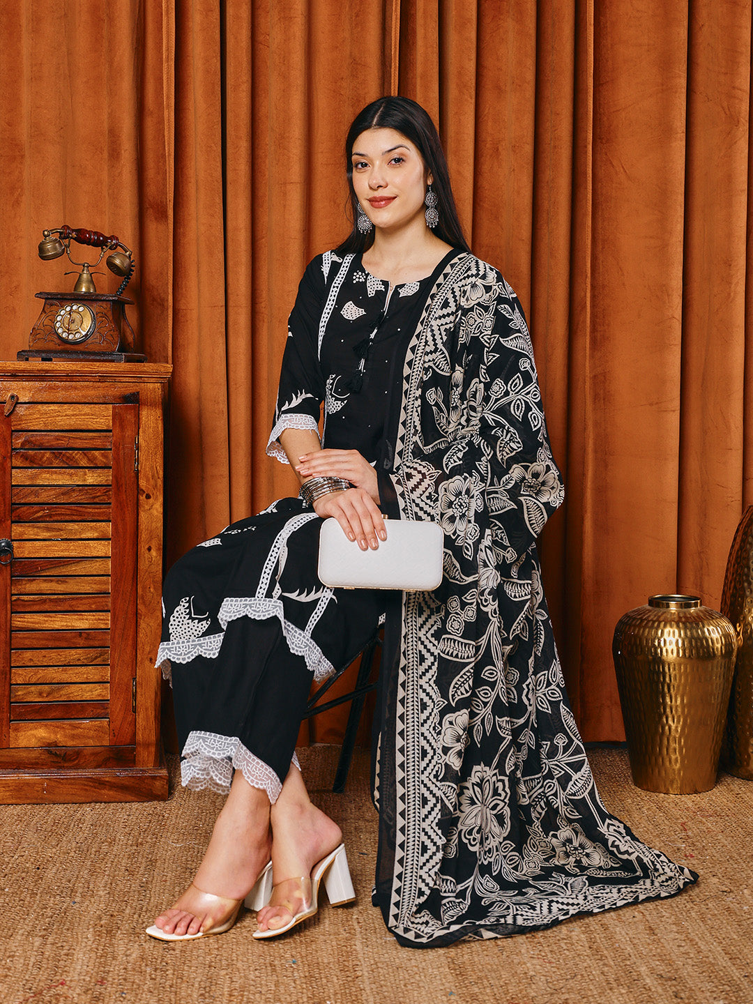 Printed Cotton Blend Kurta With Pants &amp; Dupatta