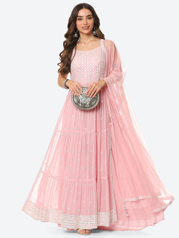 Resham Mirror Georgette Kurta With Palazzo &amp; Net Dupatta