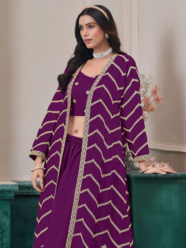 Embroidered Chinnon Choli With Plazzo &amp; Jacket