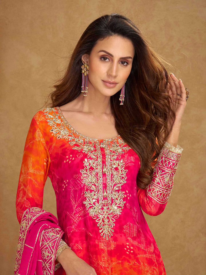 Embroidered Chinon Kurta With Plazzo &amp; Dupatta