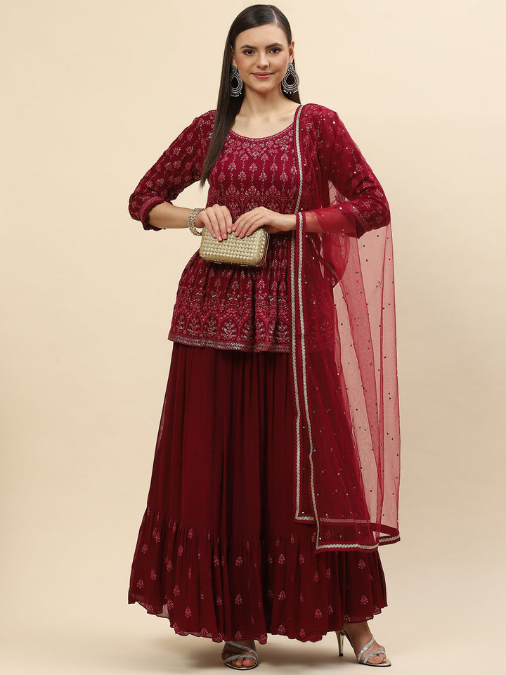 Sequin Embroidered Georgette Peplum Choli With Lehenga &amp; Dupatta